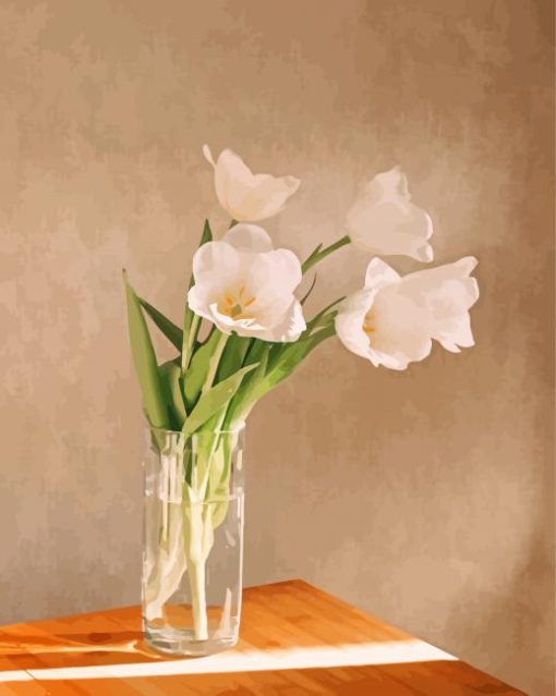 White Flowers In Glass Vase Paint By Numbers