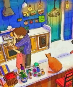 Couple And Cat In Kitchen Paint By Numbers