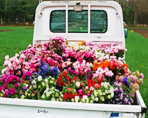 Flowers In Back Of White Truck Paint By Numbers