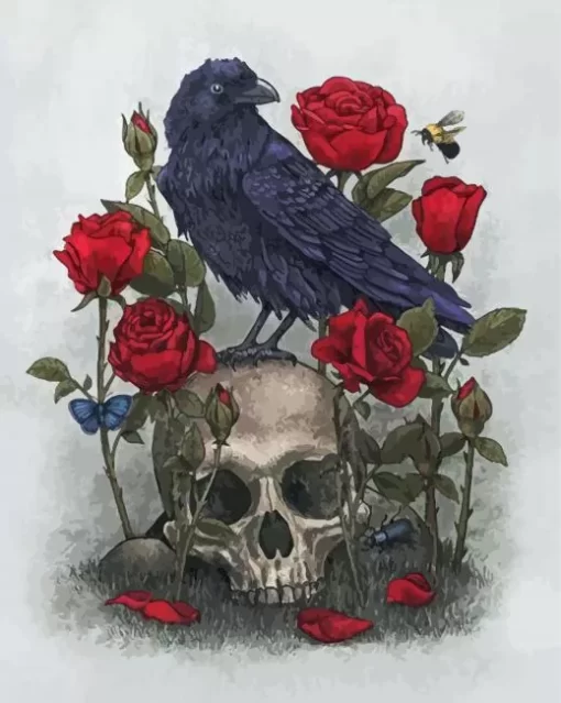 Crow And Skull With Red Roses Paint By Numbers